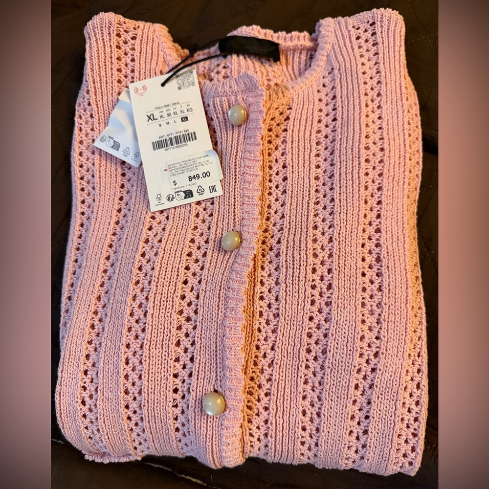 ZARA Blush Pink Open-Stitch Button Cardigan